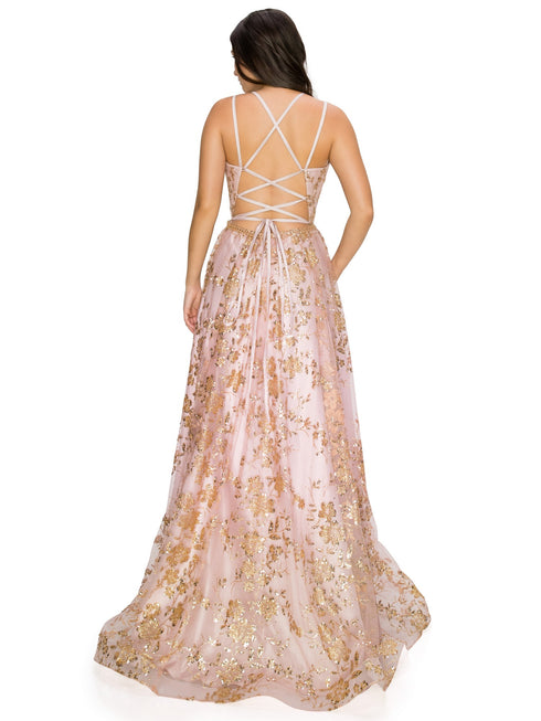 BLISS by Cinderella Couture Open Back Glitter Juniors Dress with Sequin Beaded Waistline, Sizes XS-3XL - SophiasStyle.com